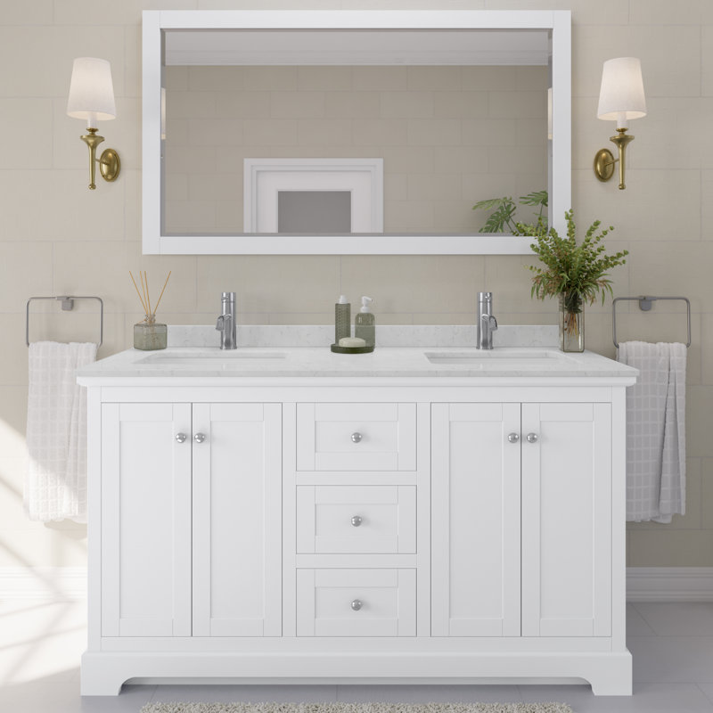 Ensemble de meuble-lavabo double 60 "avec miroir Avery, Blanc, Marbre de culture de Carrare, Chrome poli