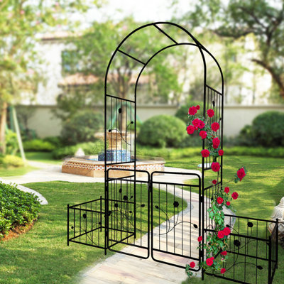 Metal Garden Arch With Gate 79.5'' Wide X 86.6'' High Climbing Plants Support Rose Arch Outdoor Black
