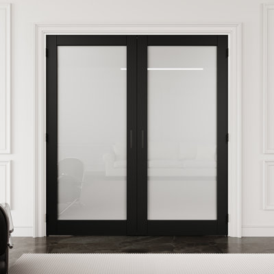 72" x 80" 1-Lite Black Frosted Glass Interior French Door with Black Hardware & Ball Catch & Handle, Privacy Glass Door Slab, Sound-Dampening & Waterproof, Suit for Laundry, Closet Doors, Room Doors, Assembly Required