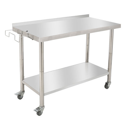 Stainless Steel Work Table, 48"x24" Heavy Duty Prep Table with Undershelf, High Load Bearing Metal Table, Commercial Worktable with Backsplash, 4 Wheels, Garbage Rack for Kitchen