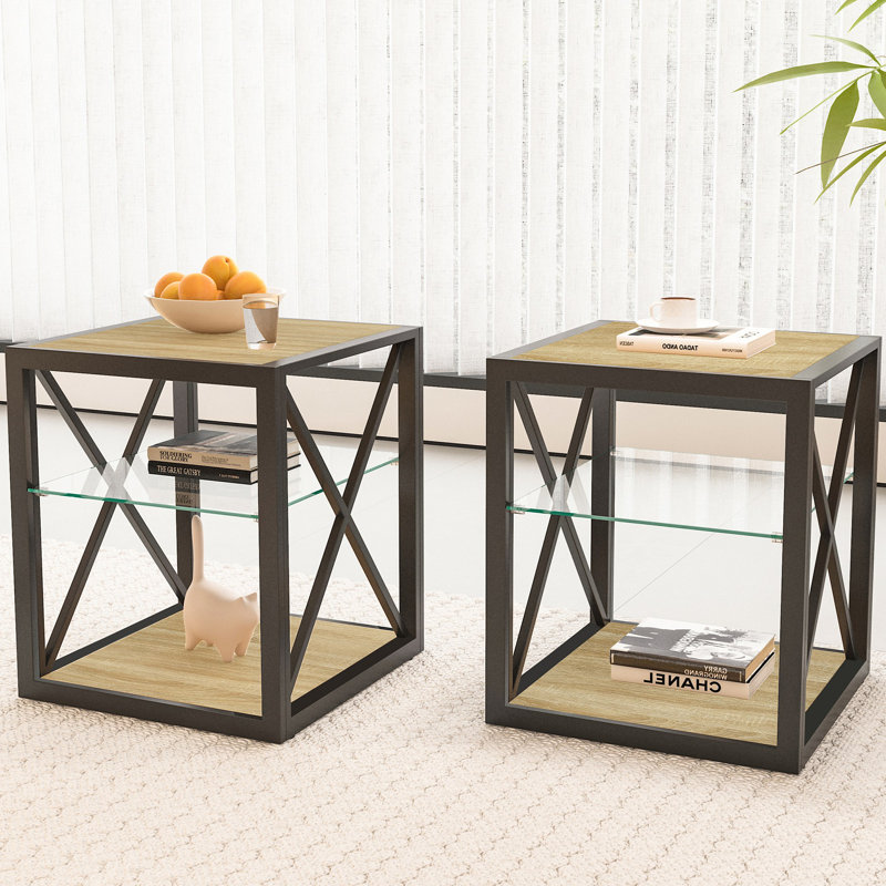 Table de chevet pour la chambre à coucher, table de bout pour le salon, Bois naturel, Set of 2