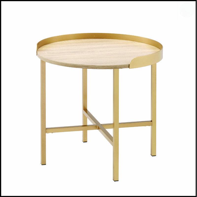 Table de bout ronde avec plateau de style plateau, base en chêne durable et métal doré pour les espaces de vie modernes