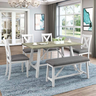 Merax Dining Table Sets, 6 Piece Wood Kitchen Table Set, Home Furniture Table Set with Chairs & Bench (White + Cherry)