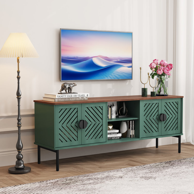 Meuble télé moderne de 63 pouces avec portes ajourées à chevrons et passe-câbles pour téléviseurs jusqu'à 70 pouces., Vert