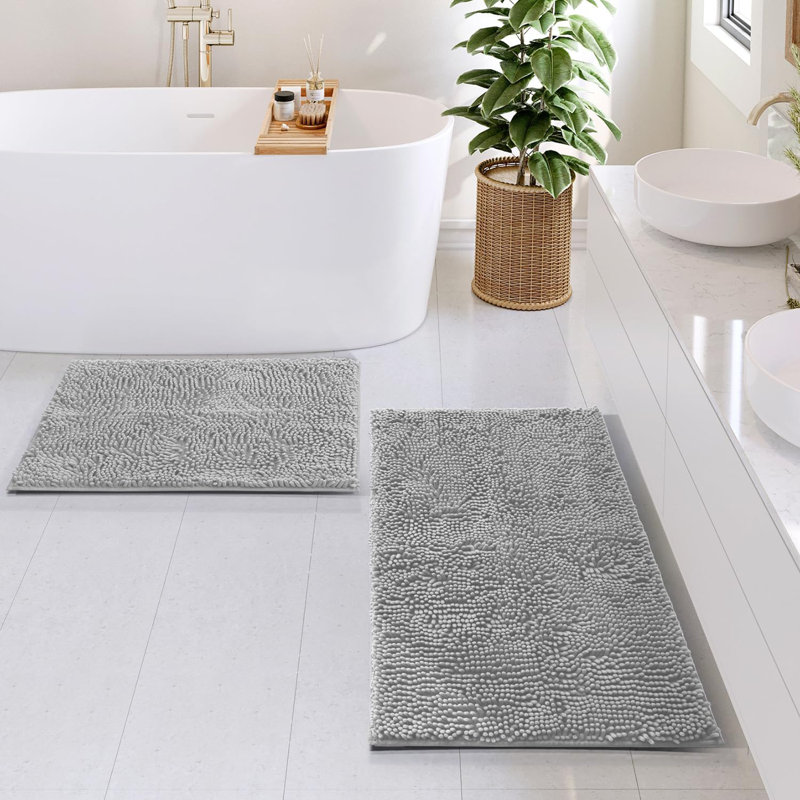 Yasmen Super Soft Absorbent Chenille Bath Rug Set with Non-Slip Backing, Silver