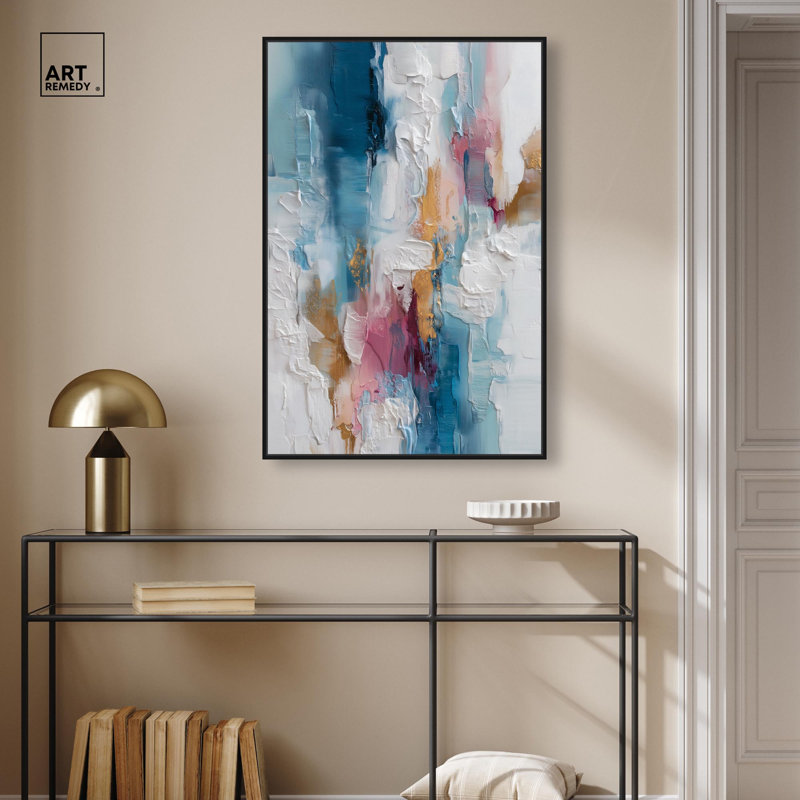 Décoration murale moderne pétale rose et bleu océan I par , Cadre flottant noir, H 37 po x l 25 po