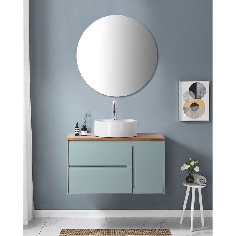 Meuble-lavabo mural bleu de 36 pouces: double tiroir, porte simple, plateau en bois massif, lavabo rond en céramique, tiroir avec rangement pratique et armoire avec miroir, conception moderne et naturelle avec