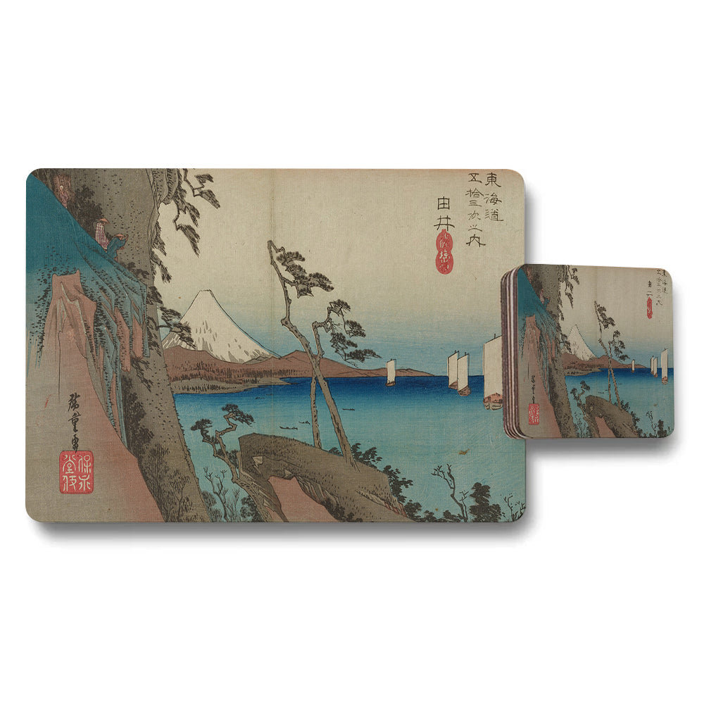 Ukiyoe Style Scenic Placemat And Coaster Set With Mount Fuji Image