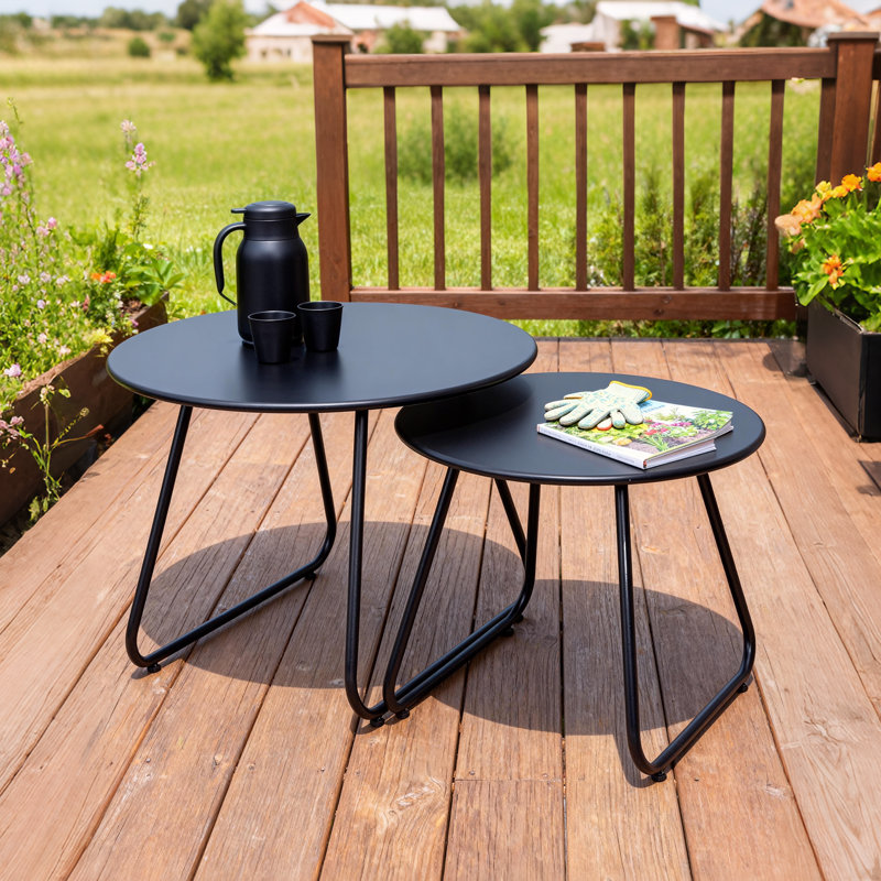 Kairit Round Nesting Coffee Table Set Of 2, Steel Snack End Tables  Ideal For Living Room, Balcony, Or Office
