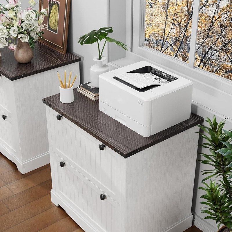 30" Farmhouse Lateral File Cabinet with 2 Drawers, Wood File Storage & Printer Stand for Home Office, Brown/White
