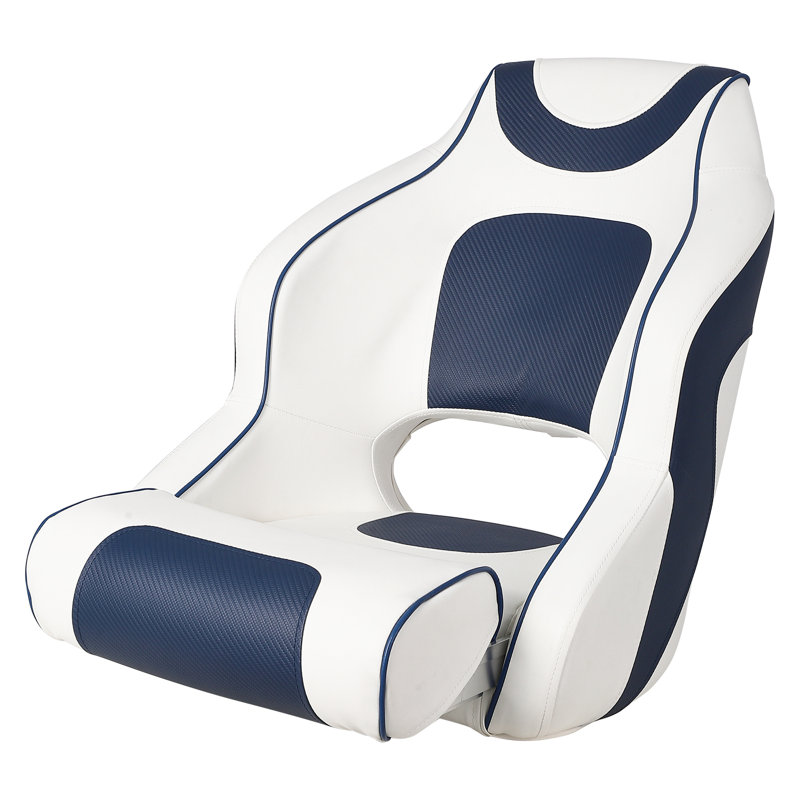 PVC Boat Captain Chair with Leg Support, White and Blue Stitching Seat for Boating, Fishing and On-Board Seating