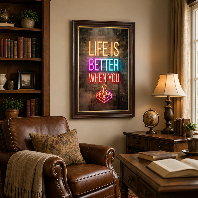 «Life Is Better When You Joystick», enseigne au néon sur toile murale brique, 18"H x 12"W
