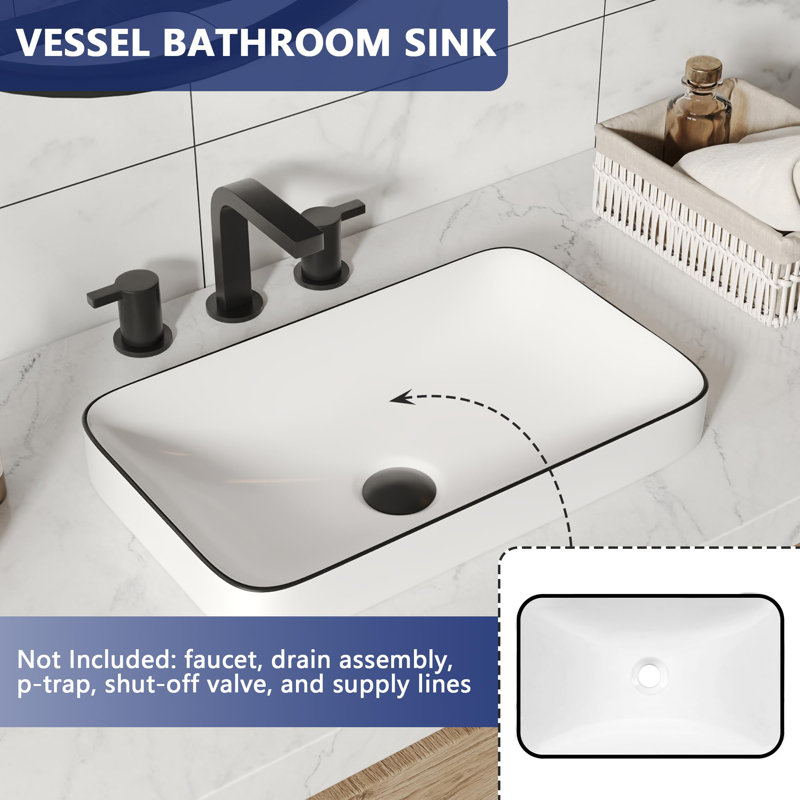 Ceramic Porcelain Rectangle Bathroom Vessel Sink, White/Black