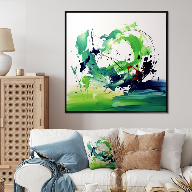 «Green and White Abstract Ink Expression II», art mural abstrait, H 16 po x l 16 po x P 1 po, Cadre flottant noir