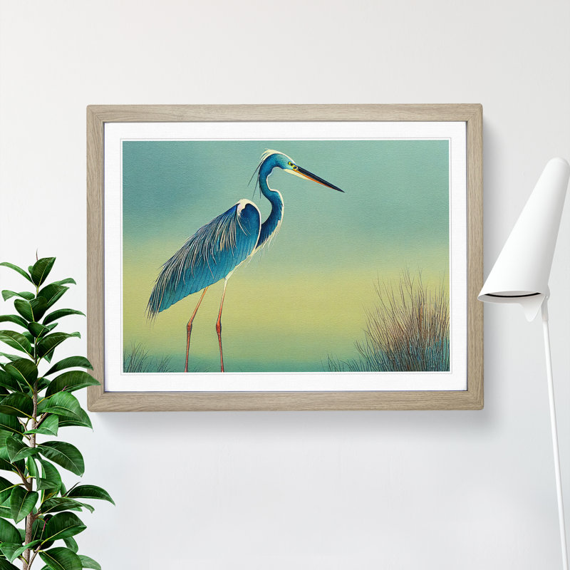 Watercolour Heron Bird Vol.2 - Single Picture Frame Painting, 25cm H x 34cm W x 2cm D, Oak