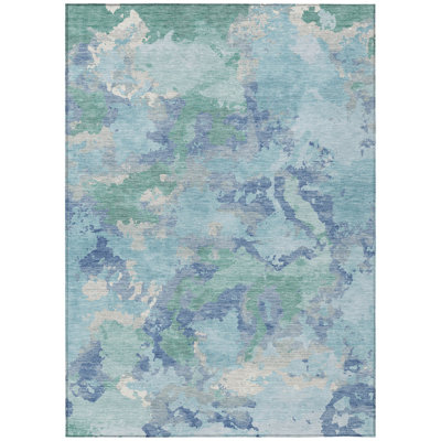 8' X 10' Blue And Teal Blue Abstract Washable Indoor Outdoor Area Rug