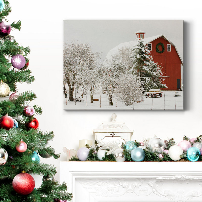 Festive Barn - Toile tendue avec châssis de qualité supérieure - Prêt à être accroché, H 20 po x l 16 po x P 1 po