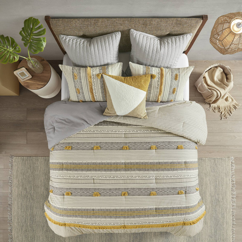 Ensemble d'édredon en coton très grand avec pièces jaune et gris