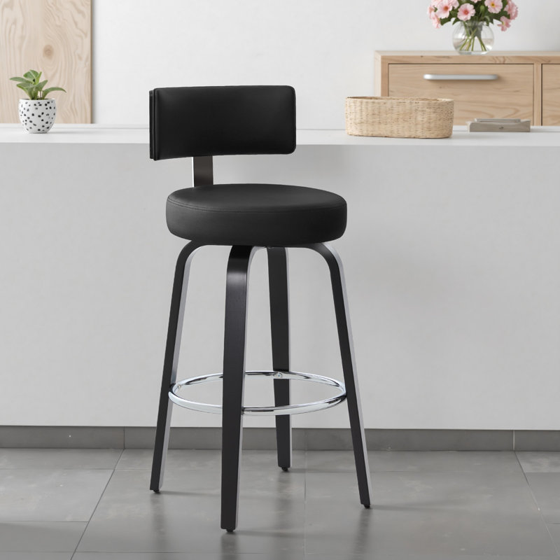 Swivel Upholstered Stool With T-Shaped Backrest, Counter Stool (26" Seat Height), Black, 1