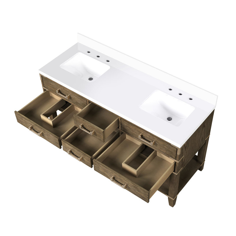 Meuble-lavabo double 60 po x 22 po en chêne gris avec comptoir en quartz blanc