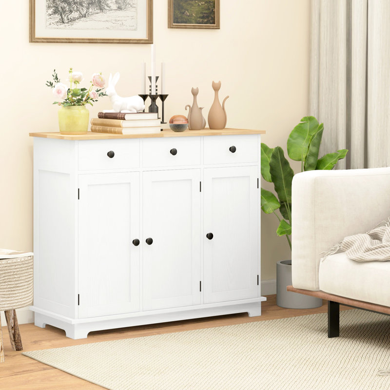 Sideboard - Solid Wood Countertop, 3 Drawers, Doors, Adjustable Shelf For Modern Kitchen Storage In Distressed White With Drawers File Cabinet