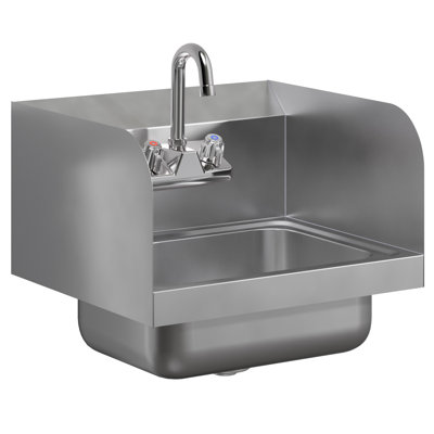 17 po X 15 po Lavabo à main mural en acier inoxydable avec éclaboussure latérale et robinet à col-de-cygne. NSF.
