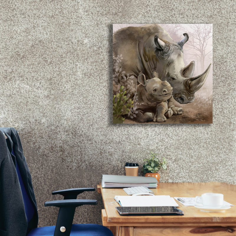  «Rhinoceros And His Little Cub» par Kajenna, art mural sur toile, 26 po x 26 po, H 26 po x l 26 po