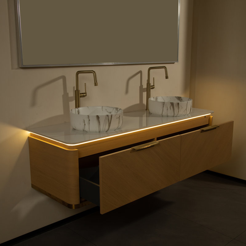 Meuble-lavabo double flottant de 60 po avec lavabo vasque rond en marbre Absher, capteur à DEL et comptoir en pierre frittée
