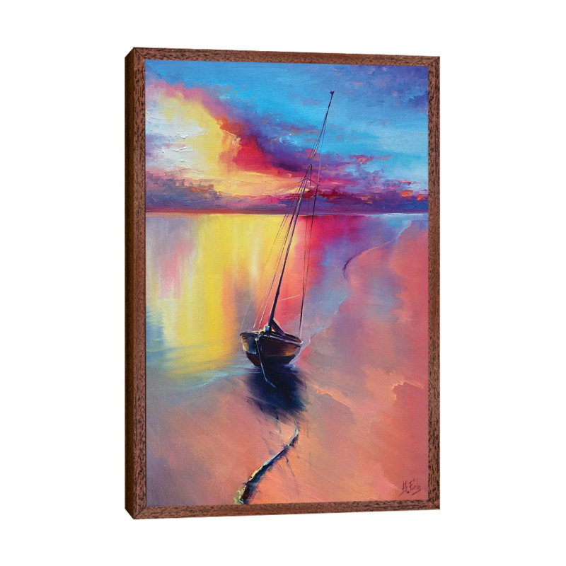 Sunset At The Sea by Bozhena Fuchs - Painting on Canvas, Classic Brown Wood Framed, 101.6cm H x 66.04cm W x 3.81cm D