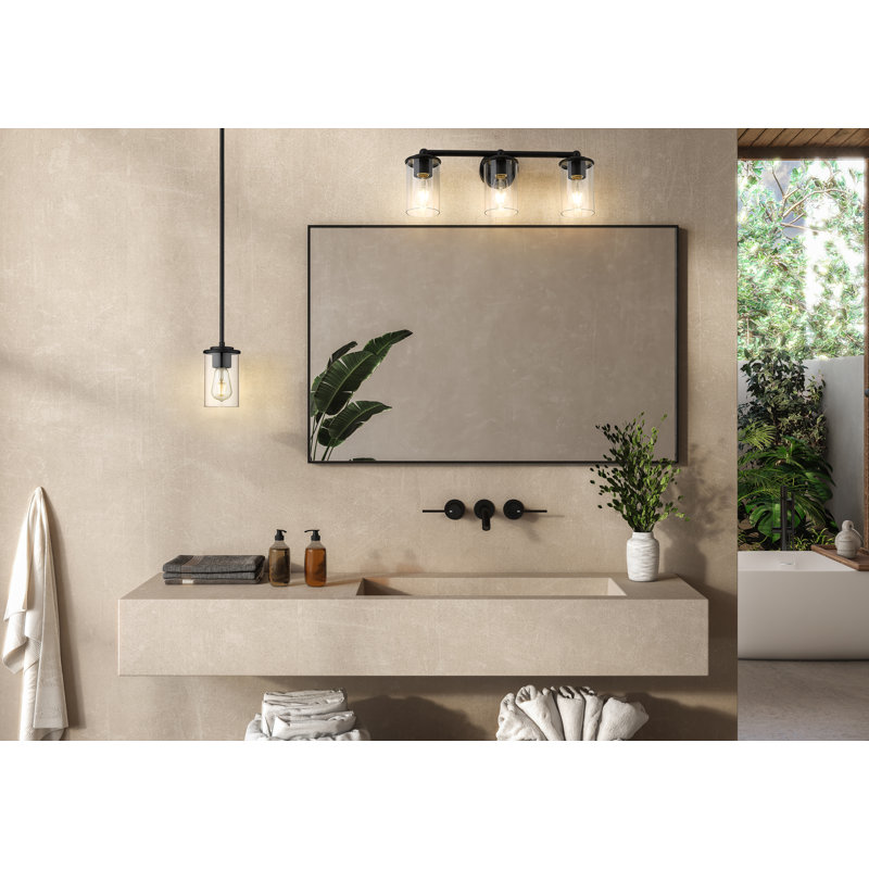 Éclairage de salle de bain à intensité variable en acier 3 lumières avec abat-jour en verre transparent Cheetham, Noir mat