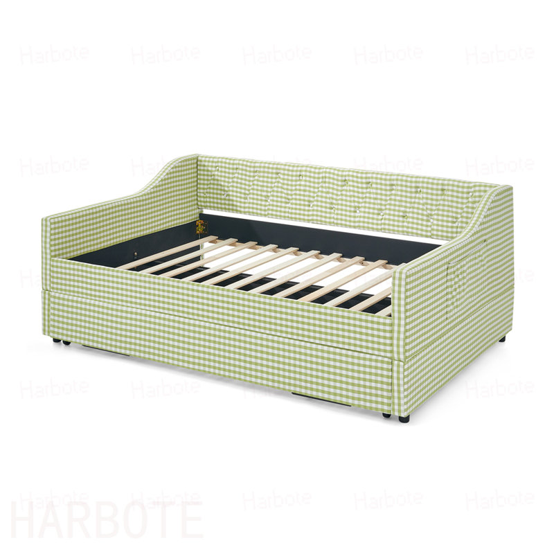 Lit de jour double, lit de jour convertible rembourré avec dossier capitonné, canapé-lit polyvalent 3 en 1 avec lit gigogne escamotable et rangement latéral