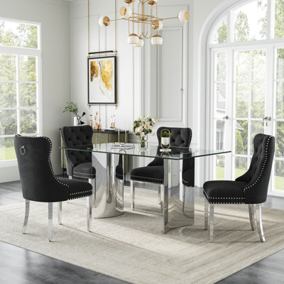 63"Rectangular Tempered Glass Dining Table Set, Mid-Century Modern Velvet Upholstered Nailhead Trim Chairs With Stainless-Steel Double Pedestal Table