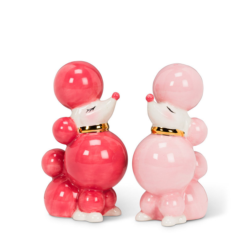 Pink and Red Ceramic Poodle Salt and Pepper Shaker Set