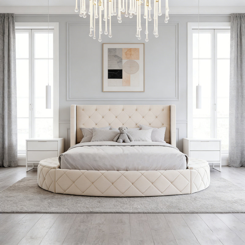 Beige Velvet Upholstered Queen Bed - Wingback Headboard, 1 Big Drawer + 2 Side Storage Stools, Beige