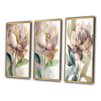 «Blooming Peony In Grey Earth Tones», 3 pièces sur toile