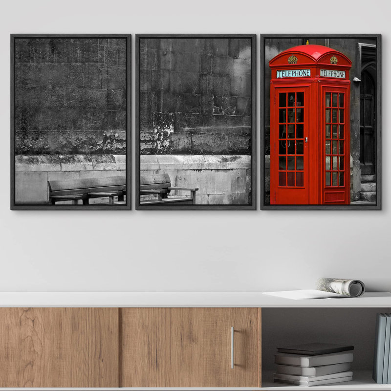 Décoration murale moderne cabine téléphonique britannique avec banc en bois patiné, H 24 po x l 48 po, Cadre flottant noir