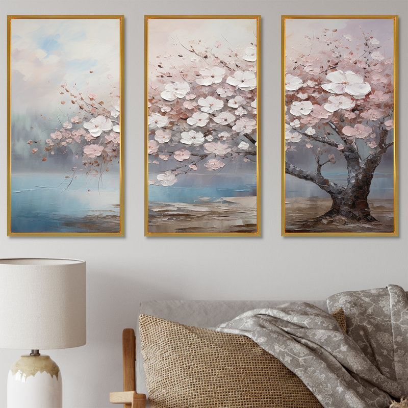 «Pink and Gray Cherry Blossom Charm I», ensemble d'art mural sur toile, Cadre flottant doré, H 32 po x l 48 po x P 1 po
