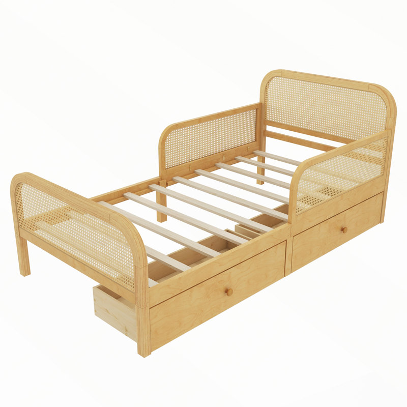 Cadre de lit plateforme avec 2 tiroirs de rangement et tête de lit en rotin, Twin, Natural