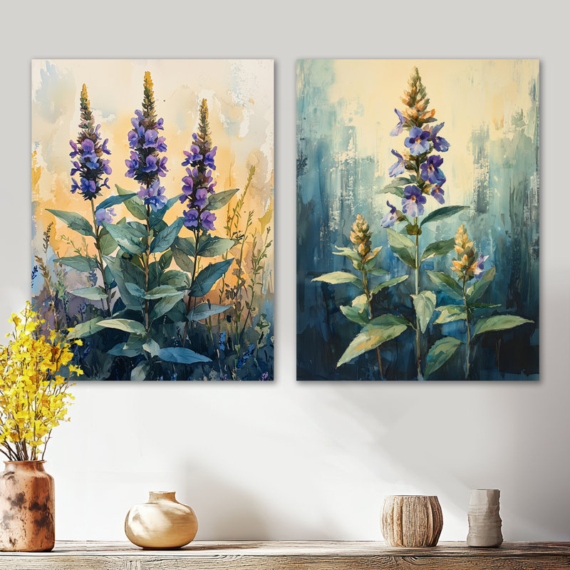 Herbal Serenity in Green Pastels Impressionist I - mauve botanique, ensemble de 2 décorations murales en métal, 32" H x 48" W