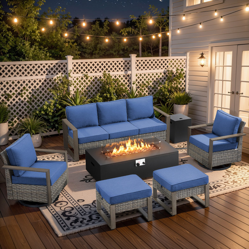 Bruner 6-Piece All Weather Wicker Patio Fire Pit Table Conversation Set With Hidden Tank Holder, Swivel Gliders And Ottomans