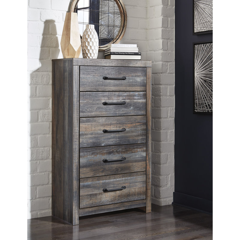 Lit à panneau simple Drystan avec rangement, commode, miroir et commode