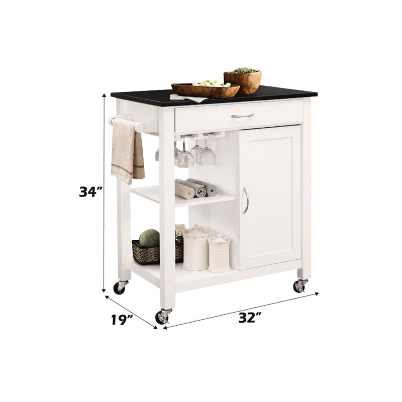 Dessus en bois noir et chariot de cuisine blanc avec 1 porte de rangement, un tiroir, 2 tablettes ouvertes, un porte-verres à pied, un crochet à serviettes à roulettes et une surface de rangement, une porte, un support