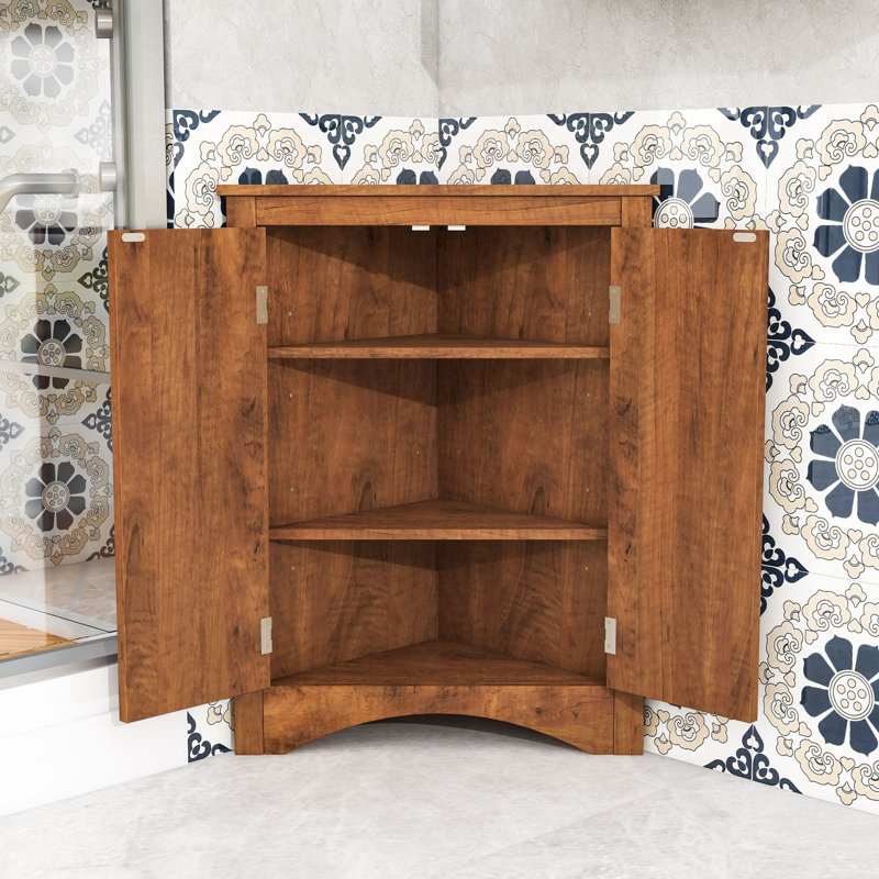 Wood Corner Bathroom Storage Cabinet with Adjustable Shelves, Triangle Design for Small Spaces, Brown
