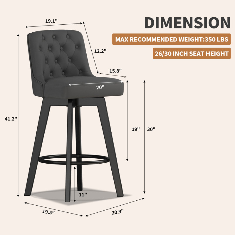Minceta Swivel Bar Stools Set Of 2, 30 Inch Counter Height Pu Leather Upholstered Barstools With Low Tufted Back & Footrest, Solid Beech Wood Legs For Kitchen Island Home Bar Dark Gray