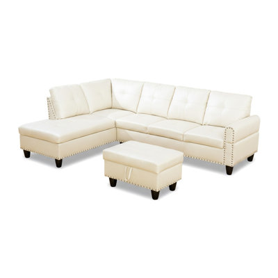 97.5" L Shaped Couch Set, Modular Sectional Couches For Living Room With Storage Ottoman, 4 Seat Home Sofa Living Room Furniture Sets With Chaise For Apartment Office (Faux Leather, White)
