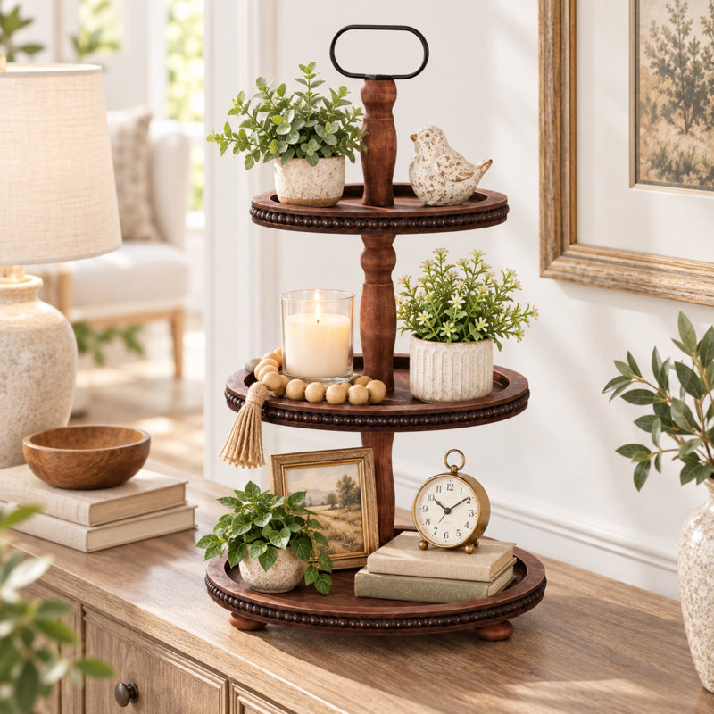 Présentoir décoratif en bois à 3 niveaux de 24 pouces avec étagères rondes de style campagnard