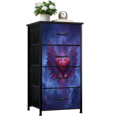 Commode romantique pour la chambre à coucher avec 4 tiroirs de rangement, cœurs rouges éclatants au milieu des étoiles Commodes mystiques à lumière Commode en tissu avec cadre en acier pour vestibule