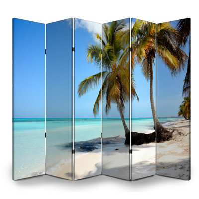 6 Panels Folding Screen Room Divider Royal Tropical summer beach blue sky palms turquoise sea water Canvas Screen Room Separator Freestanding Protective Wall Divider Privacy Partition
