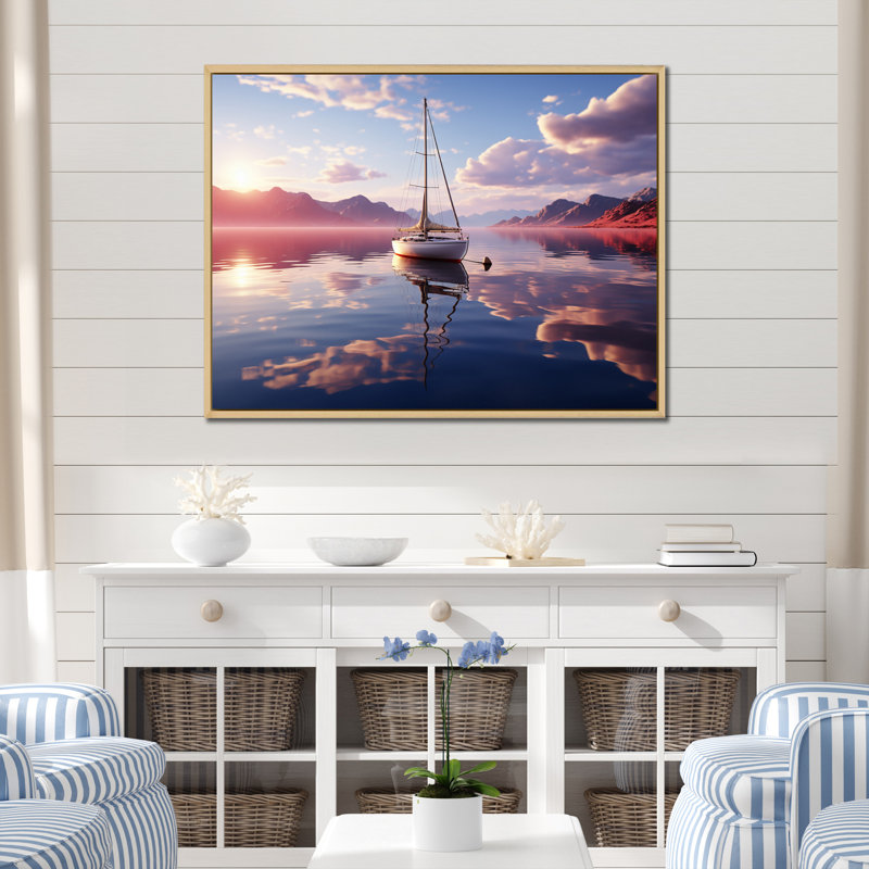 Voilier blanc, nuage rose, coucher de soleil, réflexion sur toile, 24" H x 32" W, Cadre naturel flottant
