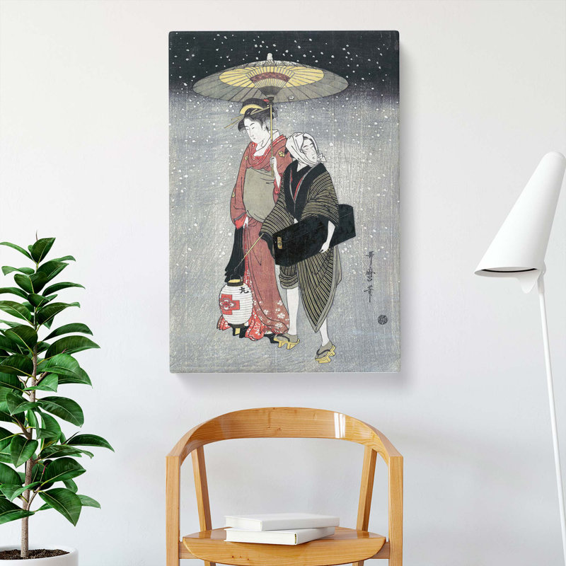 Geisha In The Snow by Kitagawa Utamaro - Wrapped Canvas Painting, 50cm H x 35cm W x 3cm D